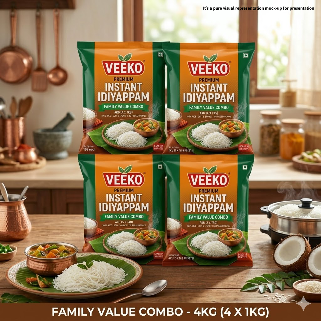 Four packages of Veeko Instant Idiyappam on a kitchen counter with food items.