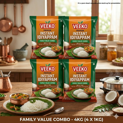 Four packages of Veeko Instant Idiyappam on a kitchen counter with food items.